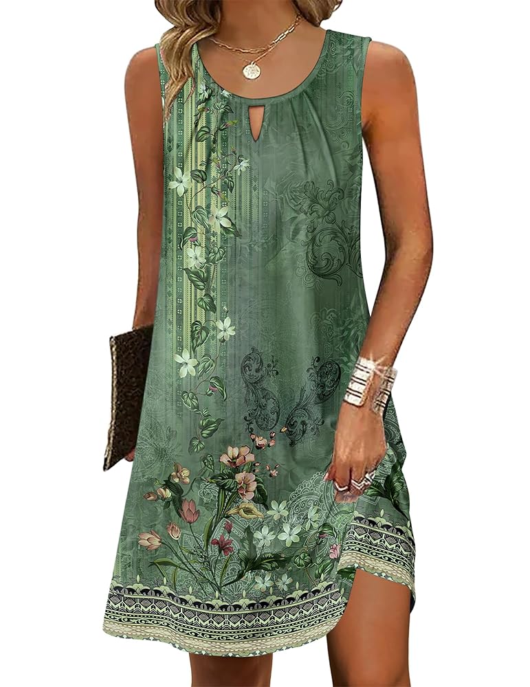 Zeagoo Womens Casual Summer Dresses 2025 Boho Sleeveless Sundresses with Pockets Pleated Beach Floral T Shirt Dresses