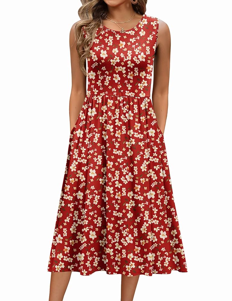 Zeagoo Women’s Summer Tank Midi Dress with Pockets Sleeveless A-Line Dress Casual Floral T-Shirt Dress Flowy Beach Sundress