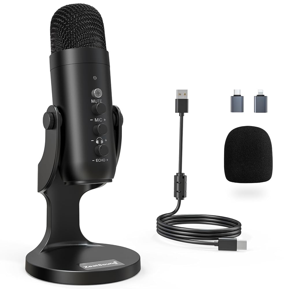 ZealSound USB Microphone,Condenser Computer PC Mic,Plug&Play Gaming Microphones for PS 4&5.Headphone Output&Volume Control,Mic Gain Control,Mute Button Vocal,YouTube Podcast on…
