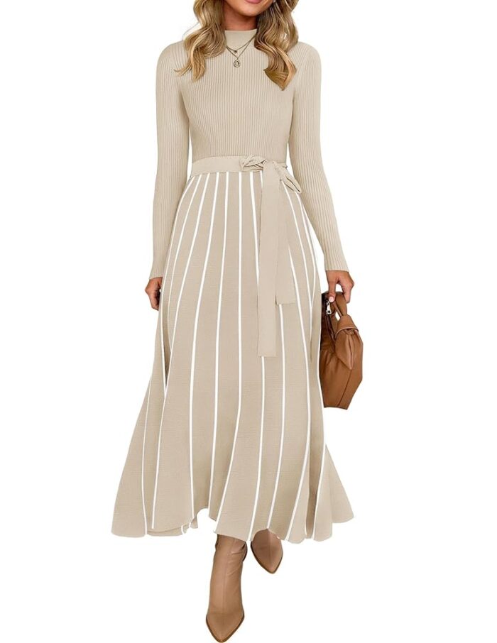 ZESICA Womens Spring Turtleneck Long Sleeve Sweater Dress Tie Waist Casual Loose Ribbed Knit A Line Midi Dresses