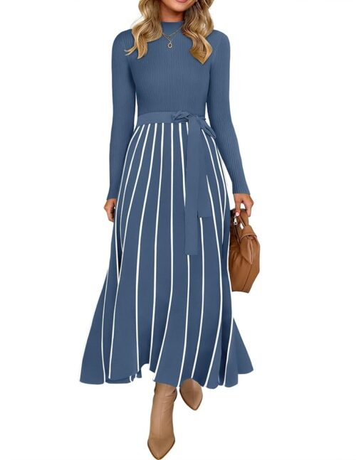 ZESICA Womens Spring Turtleneck Long Sleeve Sweater Dress Tie Waist Casual Loose Ribbed Knit A Line Midi Dresses