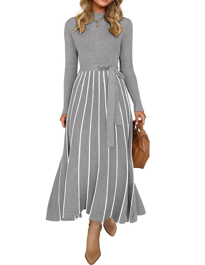 ZESICA Womens Spring Turtleneck Long Sleeve Sweater Dress Tie Waist Casual Loose Ribbed Knit A Line Midi Dresses