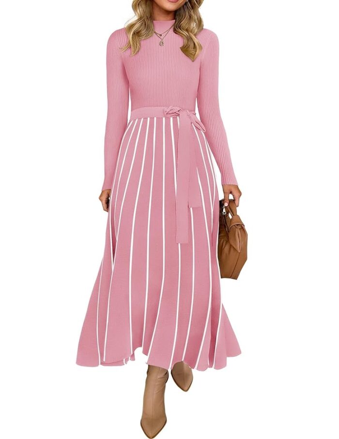 ZESICA Womens Spring Turtleneck Long Sleeve Sweater Dress Tie Waist Casual Loose Ribbed Knit A Line Midi Dresses