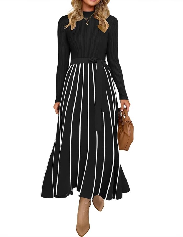 ZESICA Womens Spring Turtleneck Long Sleeve Sweater Dress Tie Waist Casual Loose Ribbed Knit A Line Midi Dresses