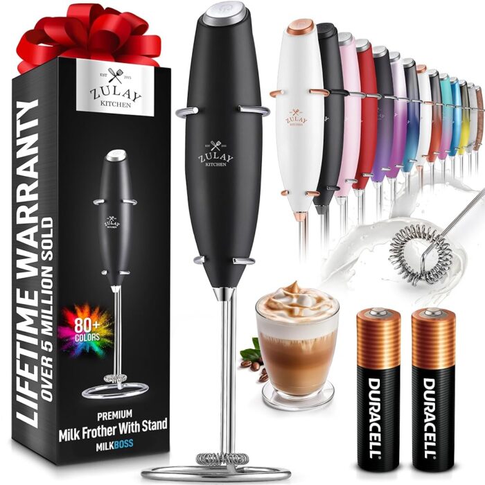Zulay Kitchen Powerful Milk Frother Wand With 2 Duracell Batteries - Ultra Fast Handheld Drink Mixer - Electric Whisk Foam Maker for Coffee, Lattes, Cappuccino, Matcha, Hot...