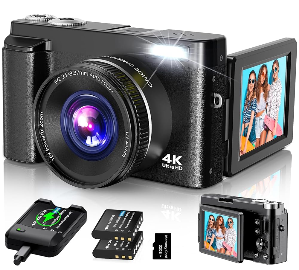 4K Digital Camera for Photography Autofocus, 2024 Latest 48MP Vlogging Camera for YouTube with SD Card, 2 Batteries, 3″ 180°Flip Screen Compact Travel Camera for Teens with 16X…