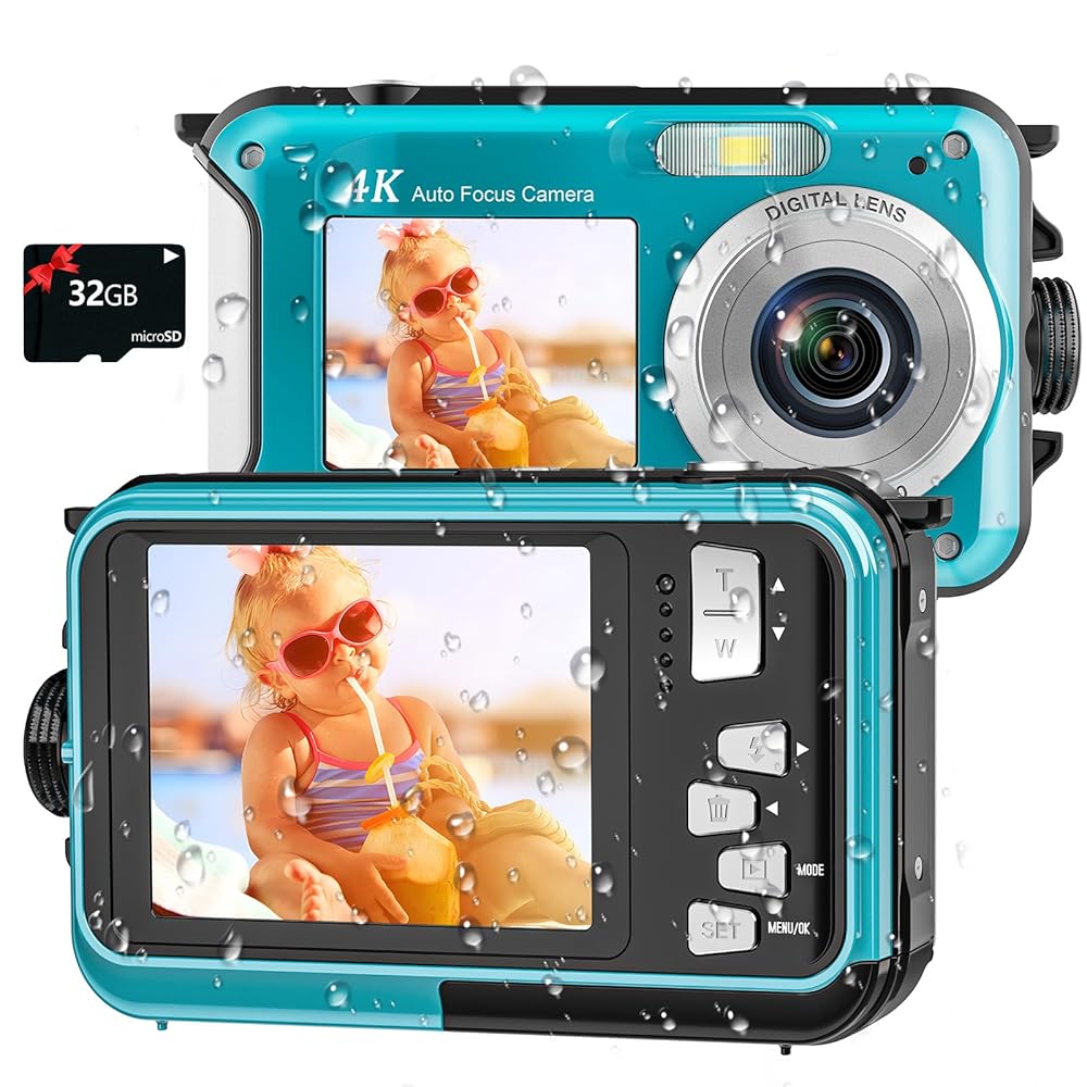 4K Underwater Camera 11FT Waterproof Camera with 32GB Card 56MP Autofocus Dual-Screen Selfie Underwater Camera for Snorkeling Waterproof Compact Floatable Digital Camera 1250mAh…