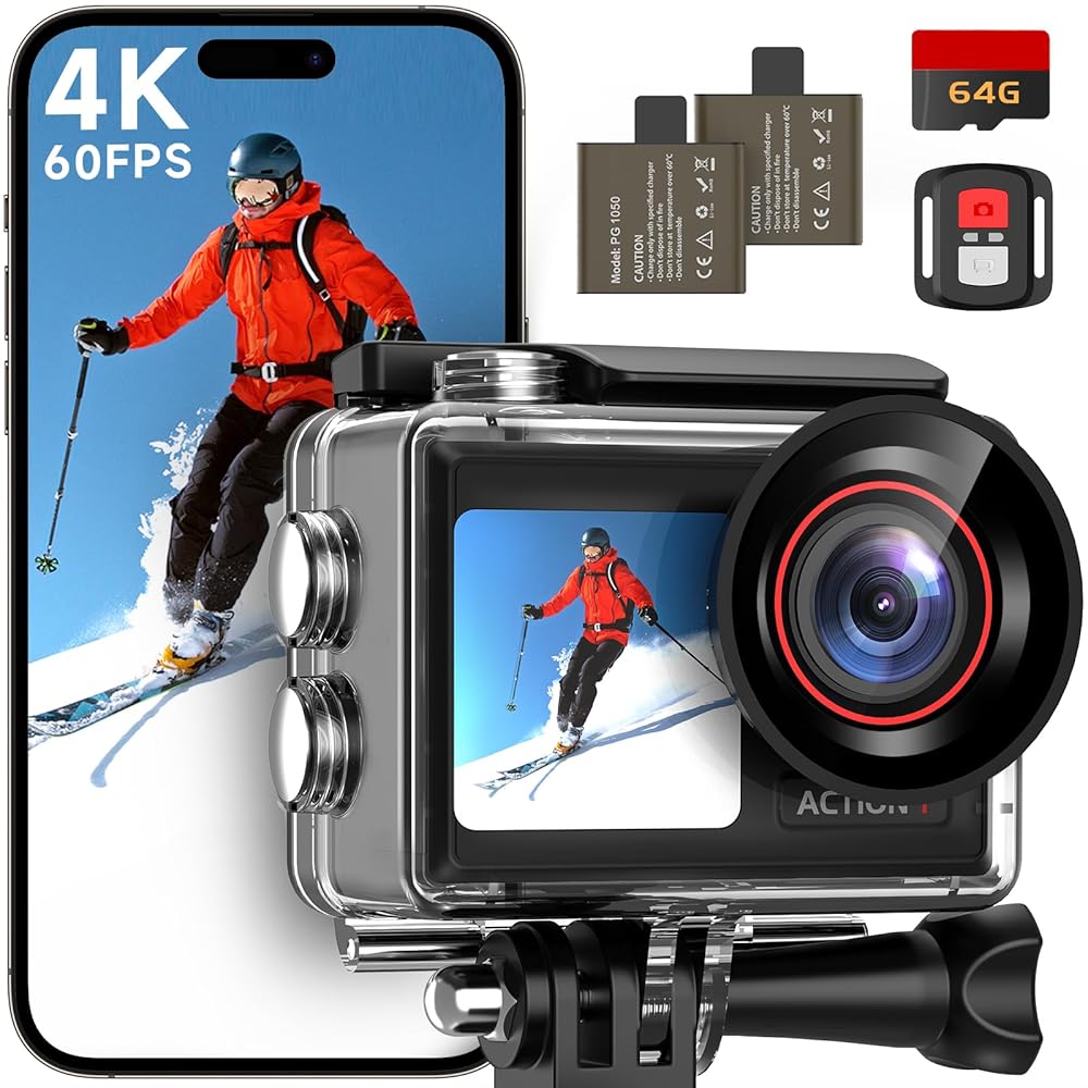 4K60FPS 30MP Action Camera with Front LCD and Touch Rear Screens, Underwater Camera with 64GB Memory Card, 132FT Waterproof Camera, EIS, 5X Zoom, WiFi Remote Control(Black)