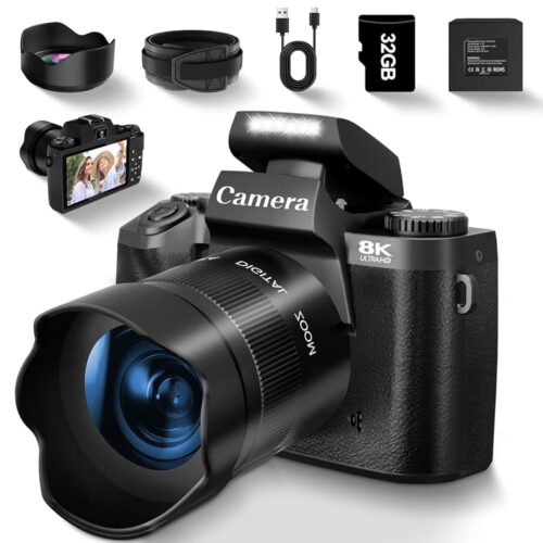 8K Digital Camera for Photography, Vlogging Camera for Youtube with Autofocus, WiFi Touchscreen 16X Digital Zoom Video Camera with 3000mAh Battery, Dual-lens, Lens Hood, 32GB TF...