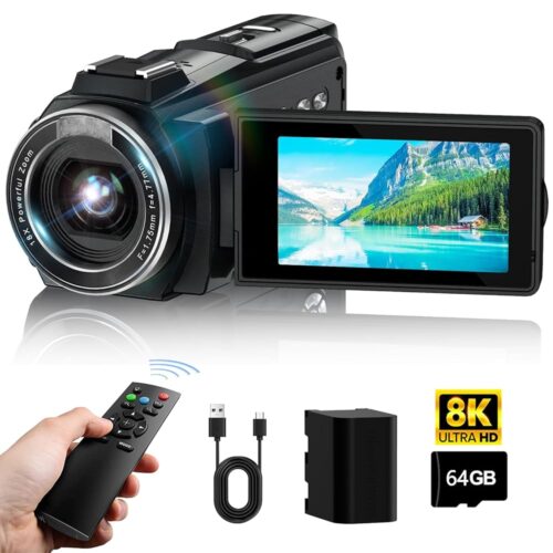 8K Video Camera Camcorder, 64MP IR Night Vision Vlogging Camera,18X Zoom 3.0“ LCD Flip Touch Screen Camcorder for YouTube with WiFi, 64G SD Card, Remote Control, 4500mAh Battery