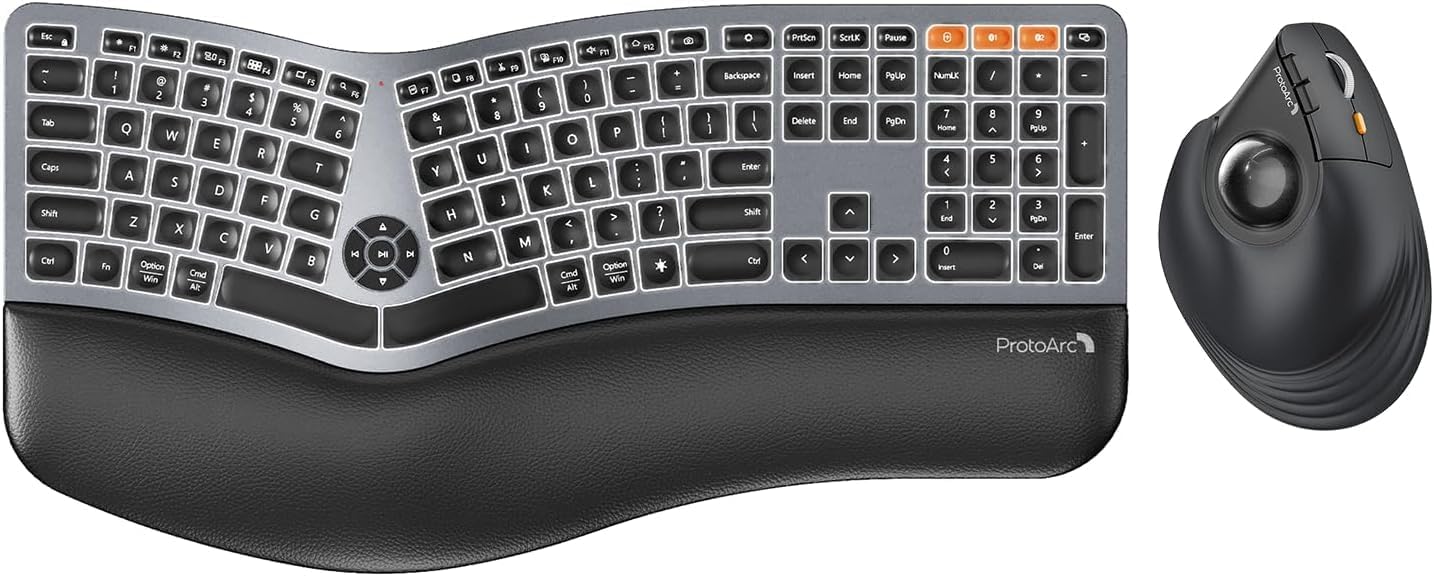 Backlit Wireless Full Size Ergonomic Keyboard and Vertical Wireless Trackball Mouse