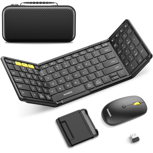 Foldable Keyboard and Mouse, Samsers Folding Bluetooth Keyboard Mouse Combo, 2.4G + BT5.0 x 2, Full-Size Portable Travel Keyboard & USB-C Rechargeable Wireless Mouse for iOS...