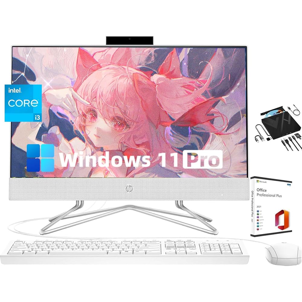 HP 23.8″ FHD Display All-in-One Deskto – Intel Core i3-1115G4(2-core) Processor, 16 GB RAM, 512GB Storage, Windows 11 Pro & Microsoft Office Pro & 8-in-1 DVD Drive, Snow White