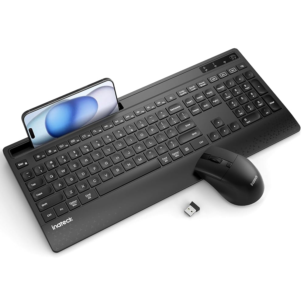 Inateck Wireless Keyboard and Mouse Combo, Full-Size Keyboard with Wrist Rest, Phone Holder, 2.4 GHz Wireless/Bluetooth Silent, Compatible with Computer, Laptop, PC, Mac, Windows