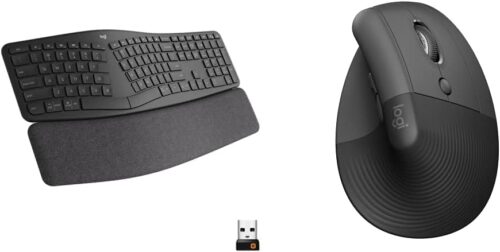 Logitech ERGO K860 Wireless Ergonomic Keyboard & Lift Vertical Ergonomic Mouse, Wireless, Bluetooth or Logi Bolt USB receiver, Quiet clicks, 4 buttons - Graphite