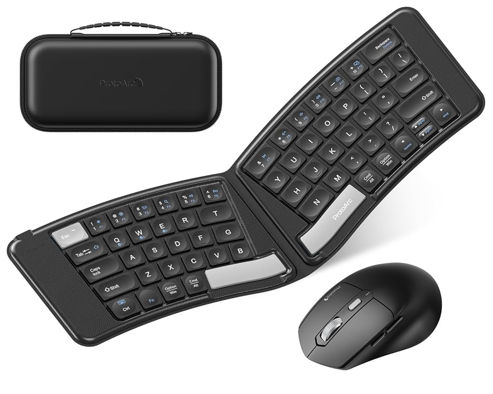 ProtoArc Ergonomic Foldable Keyboard Mouse, XKM03 Portable Folding Bluetooth Keyboard Mouse for Business Travel, Split Design, 3 Bluetooth, Rechargeable, for iPad, Tablet,…