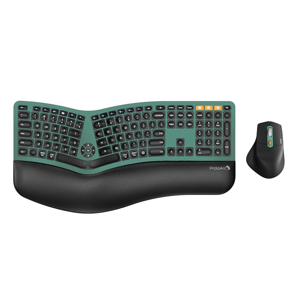 ProtoArc Ergonomic Wireless Keyboard Mouse, EKM01 Plus Full Size Ergo Bluetooth Keyboard Mouse Combo, Split Design, Wrist Rest, Multi-Device, Rechargeable, for Windows/Mac OS -…