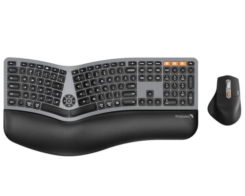 ProtoArc Ergonomic Wireless Keyboard Mouse, EKM01 Plus Full Size Ergo Bluetooth Keyboard Mouse Combo, Split Design, Wrist Rest, Multi-Device, Rechargeable, for Windows/Mac OS