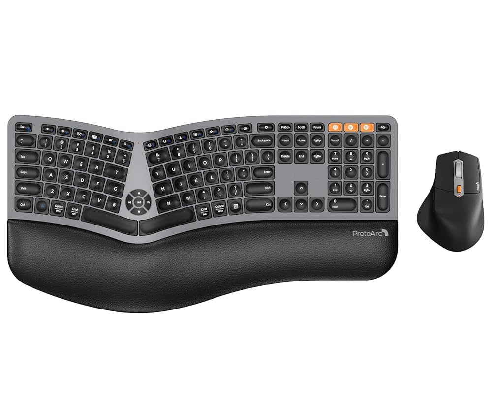 ProtoArc Ergonomic Wireless Keyboard Mouse, EKM01 Plus Full Size Ergo Bluetooth Keyboard Mouse Combo, Split Design, Wrist Rest, Multi-Device, Rechargeable, for Windows/Mac OS