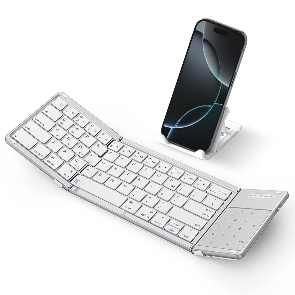 SODI Foldable Keyboard with Touchpad, Portable Wireless Keyboard with Phone Holder, Rechargeable Bluetooth Travel Keyboard for iPad, iPhone, Mac, iOS Tablets Slim Pocket…