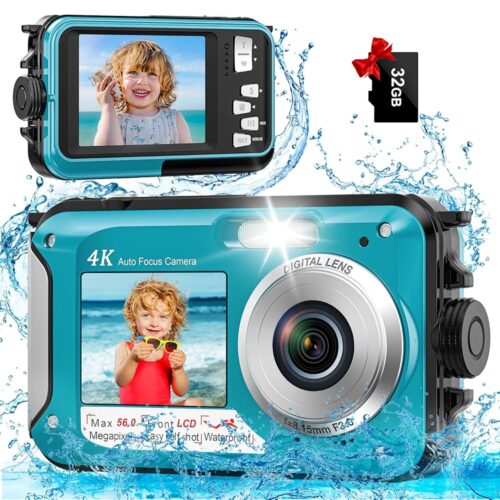 Underwater Camera - 4K 11FT Waterproof Camera with 32GB Card 56MP Autofocus Dual-Screen Selfie for Snorkeling Compact Floatable Point and Shoot Digital Camera Type-C (Blue)