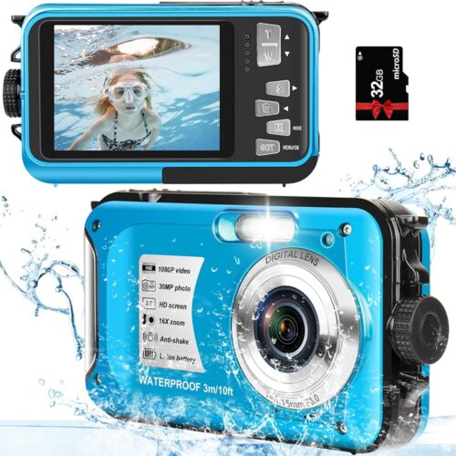 Underwater Camera with 32GB Card Waterproof Digital Camera for Kids 10FT 30MP FHD 1080P Compact Portable 16X Digital Zoom Waterproof Camera