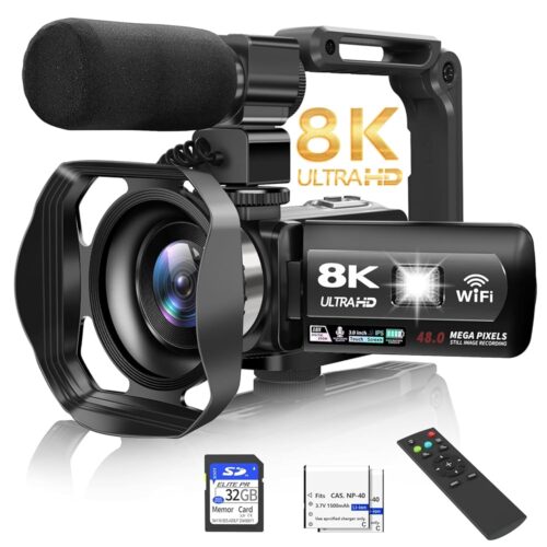 Video Camera, 8K Camcorder 48MP 15FPS UHD WiFi Vlogging Camera with IR Night Vision for YouTube, 3" Touch Screen 18X Digital Zoom, with Fill Light, Mic, Stabilizer, Lens Hood,...