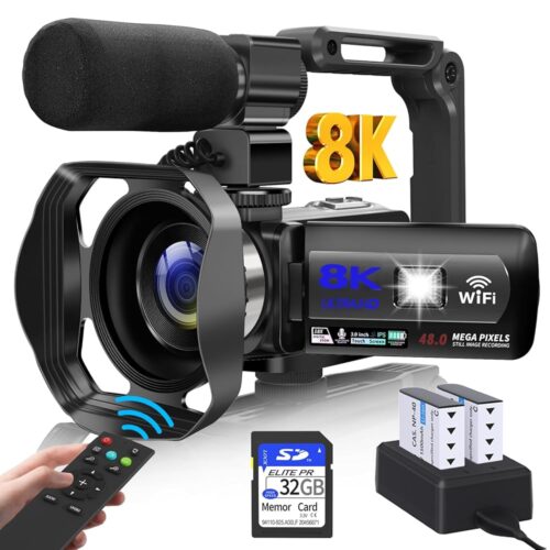 Video Camera, 8K Camcorder 48MP Vlogging Camera for YouTube 18X Digital Zoom 3” Touch Screen with WiFi, External Mic, Fill Light, Remote Control, 32GB SD Card & 2 Batteries