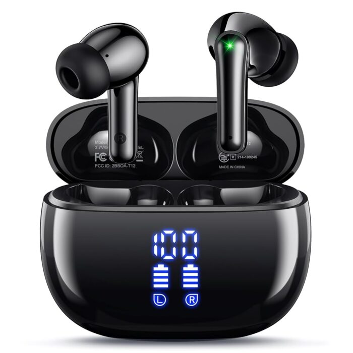 Wireless Earbuds Bluetooth Headphones, Ear Buds with Deep Bass, 40H Long Playtime, Power Display, IPX7 Waterproof in Ear Earphone with Mic for Phone Tablet Sports Workout, Black