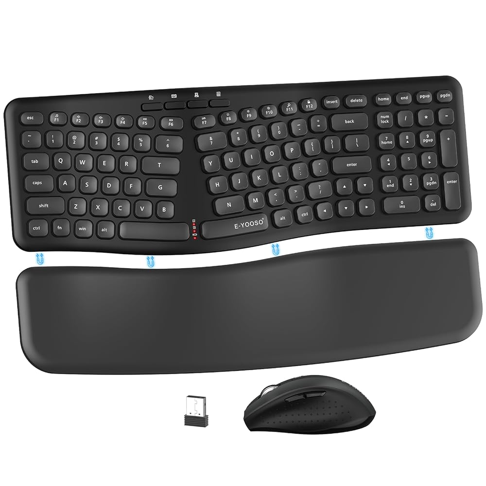 Wireless Keyboard and Mouse Combo, E-YOOSO Ergonomic Wireless Keyboard with Detachable Wrist Rest, Split Design, Multimedia Hotkeys, 2.4GHz Cordless Mouse Set for Laptop, PC,…