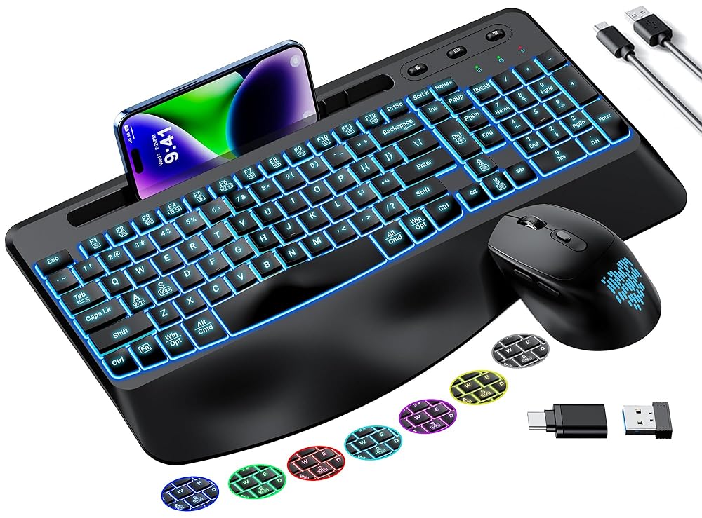 Wireless Keyboard and Mouse Combo Telylou Ergonomic Quiet Keyboard Mouse Combo 7 Backlit Effects, Wrist Rest, Phone Tablet Holder 2.4GHz Ergonomic Mouse and Keyboard for…