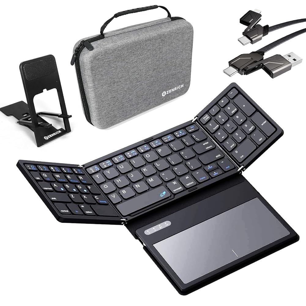 ZenRich Travel Essentials/Travel Gifts Foldable Bluetooth Keyboard with Touchpad, Electronic Organizer Travel Case, Phone Stand,4 in 1 Multi Charging Cable/Type C/USB A Port for…