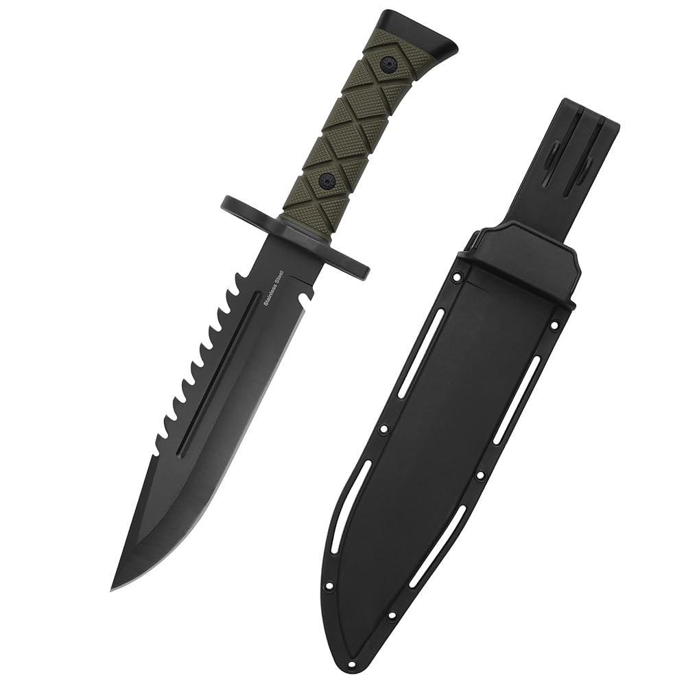 15″ Fixed Blade Tactical Knives with Sheath, Stainless Steel Survival Hunting Bushcraft Full Tang Non-Slip Handle Knife with Serrated Blade Back for Camping Adventure EDC