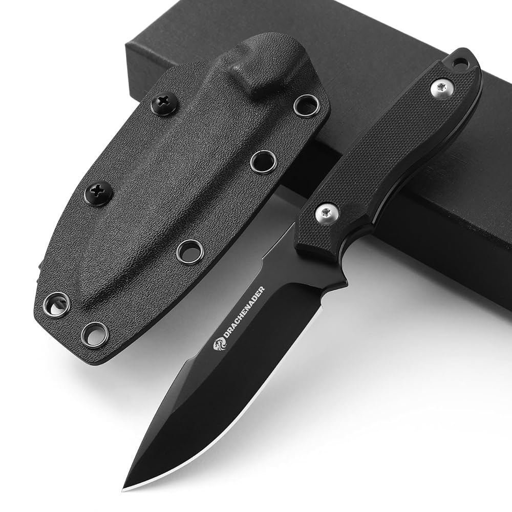 7″ D2 Steel EDC Fixed Blade Knife, Versatile Carry with Kydex Sheath and G10 Handle (C- Black Balde + Black Handle)