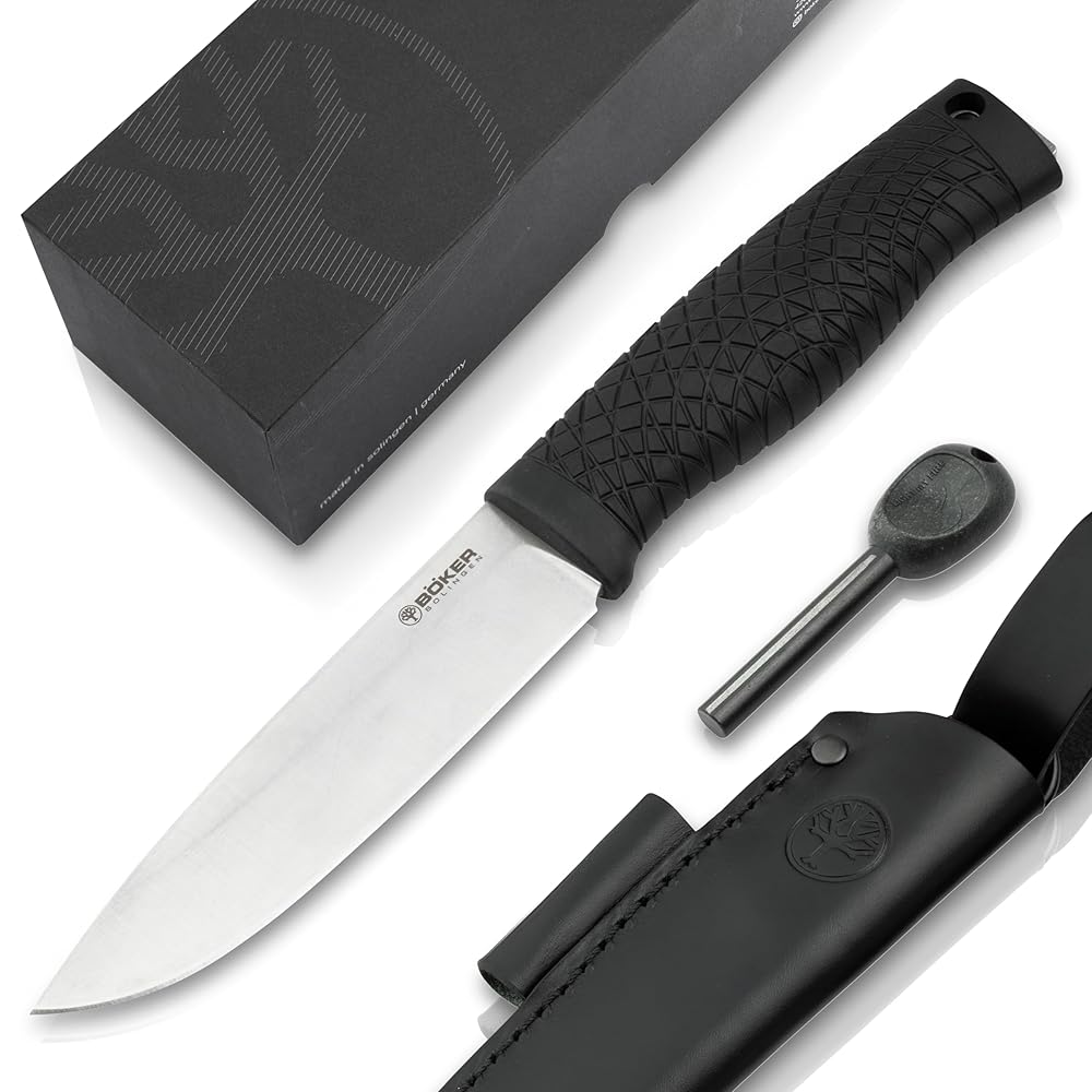 Boker Plus® Bronco CPM 3V survival knife with firesteel – Bushcraft knife with leather sheath – Bushcraft & Oudoor knife with CPM-3V blade – Scout survival knife with TPE handle…
