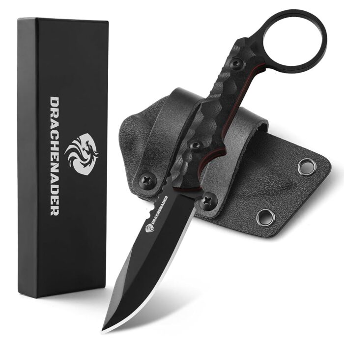 EDC Fixed Blade Knife with Sheath 7.08" Small Horizontal Carry Knife with Kydex Sheath, Full Tang 5Cr13moV Stainless Steel, Black, Neck Knife, Men Gifts