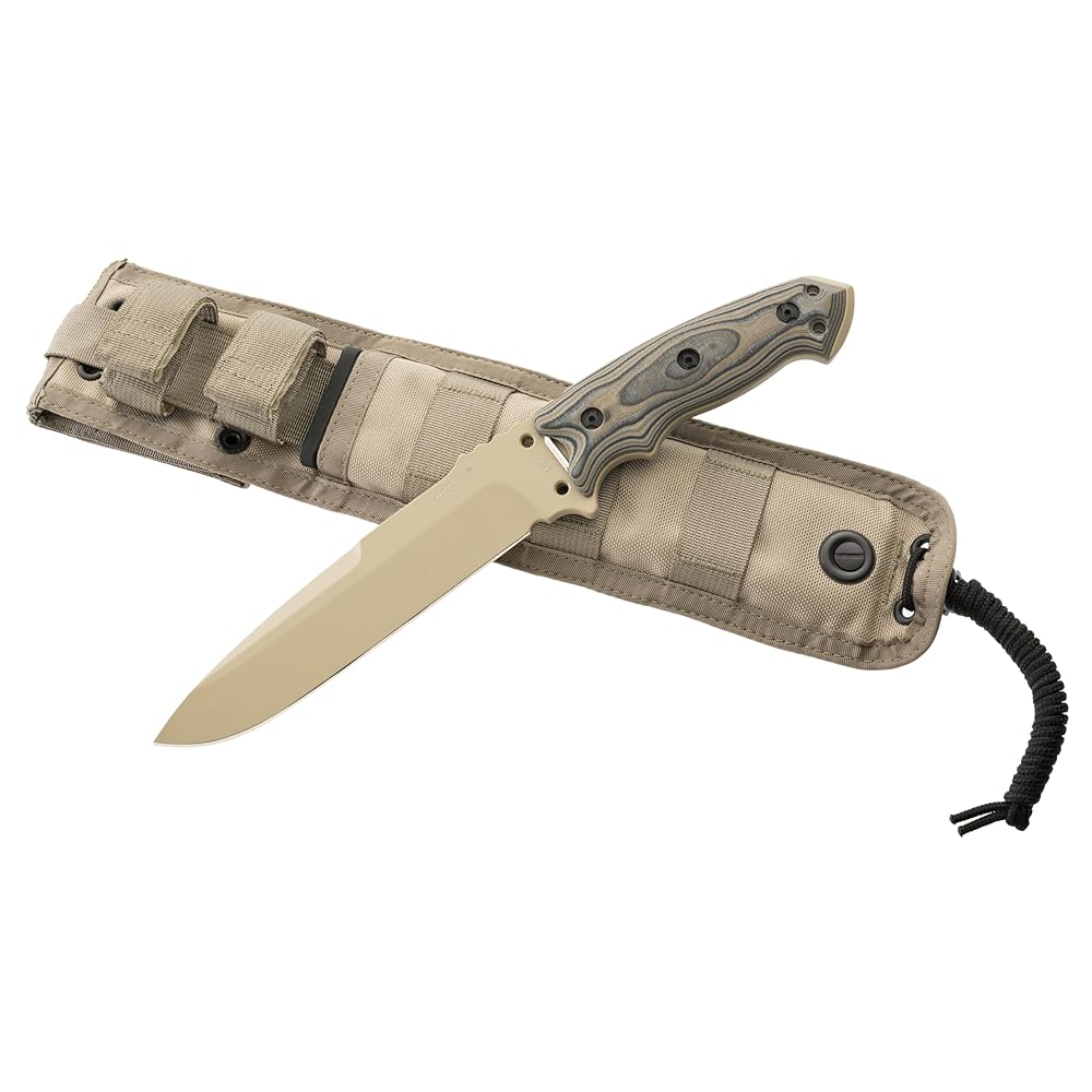 Hogue EX-F01 Combat Knife Fixed 7″ A2 Carbon Steel Tan Tanto Blade, Flat Dark Earth G-Mascus G10 Handles, Tan MOLLE Sheath – 35153