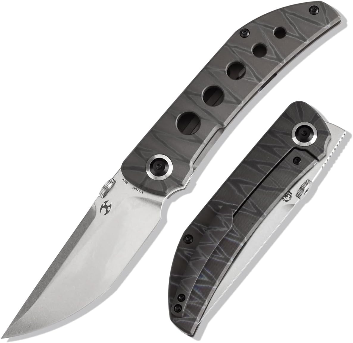 KANSEPT Tarkin Camping Pocket Knives for Men 7.87in Folding Pocket Knives with 3.42in CPM 20CV Material and Tiger Stripe Flamed Titanium with Holes Handle for Outdoor, Tactical,…