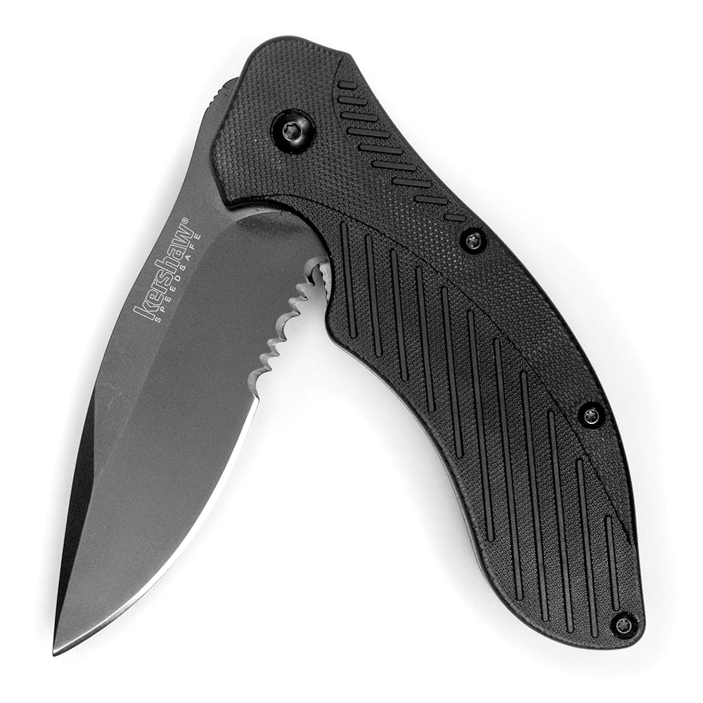 Kershaw Clash Black Serrated Pocketknife, 3″ 8Cr13MoV Steel Drop Point Blade, Assisted One-Handed Flipper Opening, Folding Utility EDC