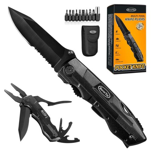 RoverTac Pocket Knife Multitool - 15-in-1 Multi Tool with Knife, Pliers, Screwdrivers, Bottle Opener - Tactical, Camping, Survival Knife - Compact Gear for Outdoors, Camping,...