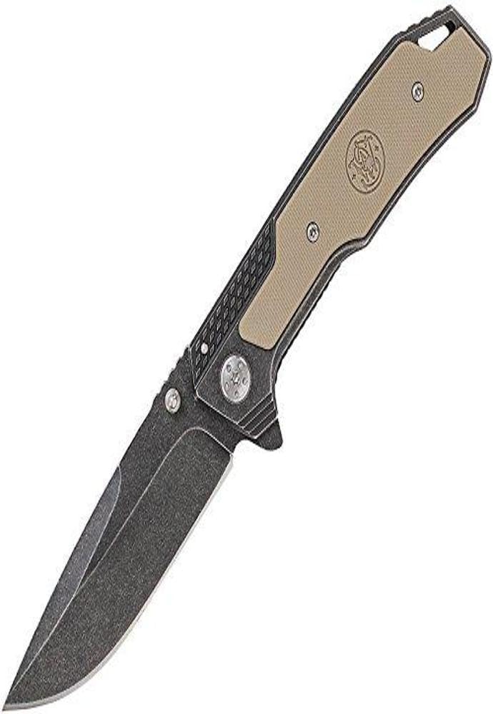 Smith & Wesson SW609 8.3in High Carbon S.S. Folding Knife with 3.6in Drop Point Blade and Stonewashed G-10 Handle for Outdoor, Tactical, Survival and EDC