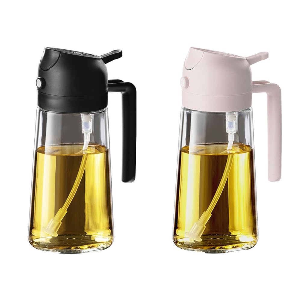 TrendPlain 16oz/470ml Olive Oil Sprayer for Cooking – 2 in 1 Olive Oil Dispenser for Kitchen Gadgets, Air Fryer, Salad, and BBQ – Black & Peach