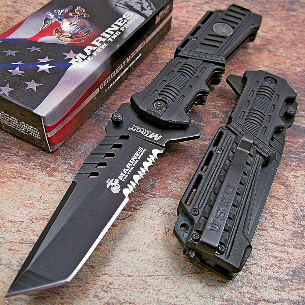 U.S. MARINES Knife Licensed USMC MARINES Assisted Military Knives BLACK Tactical Tanto Knife