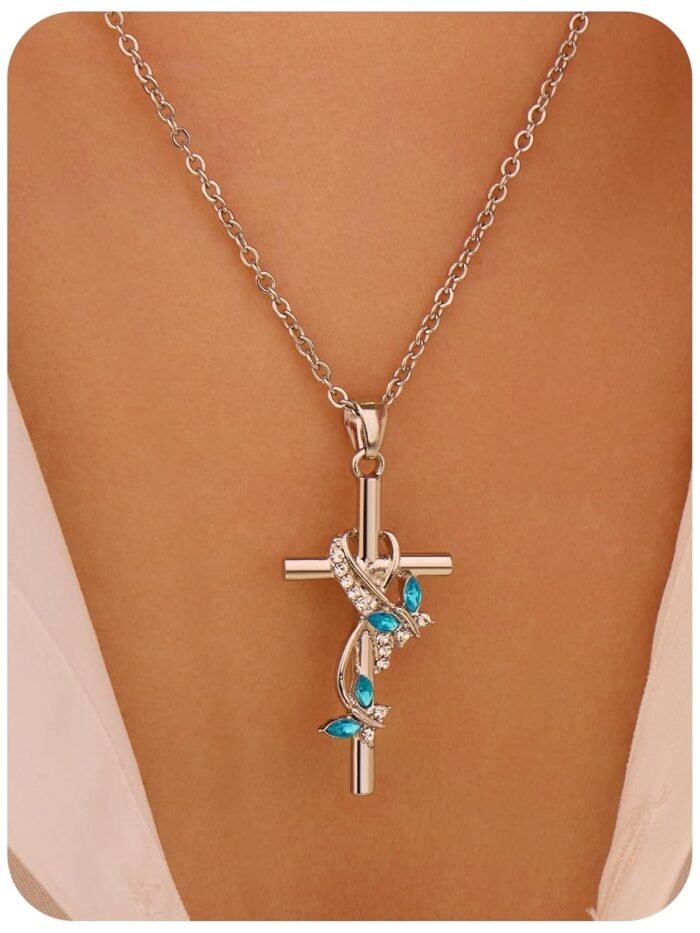1 PC Sterling Silver Bow Cross Pendant Necklace Adorned with Charming Blue Gemstones for Women