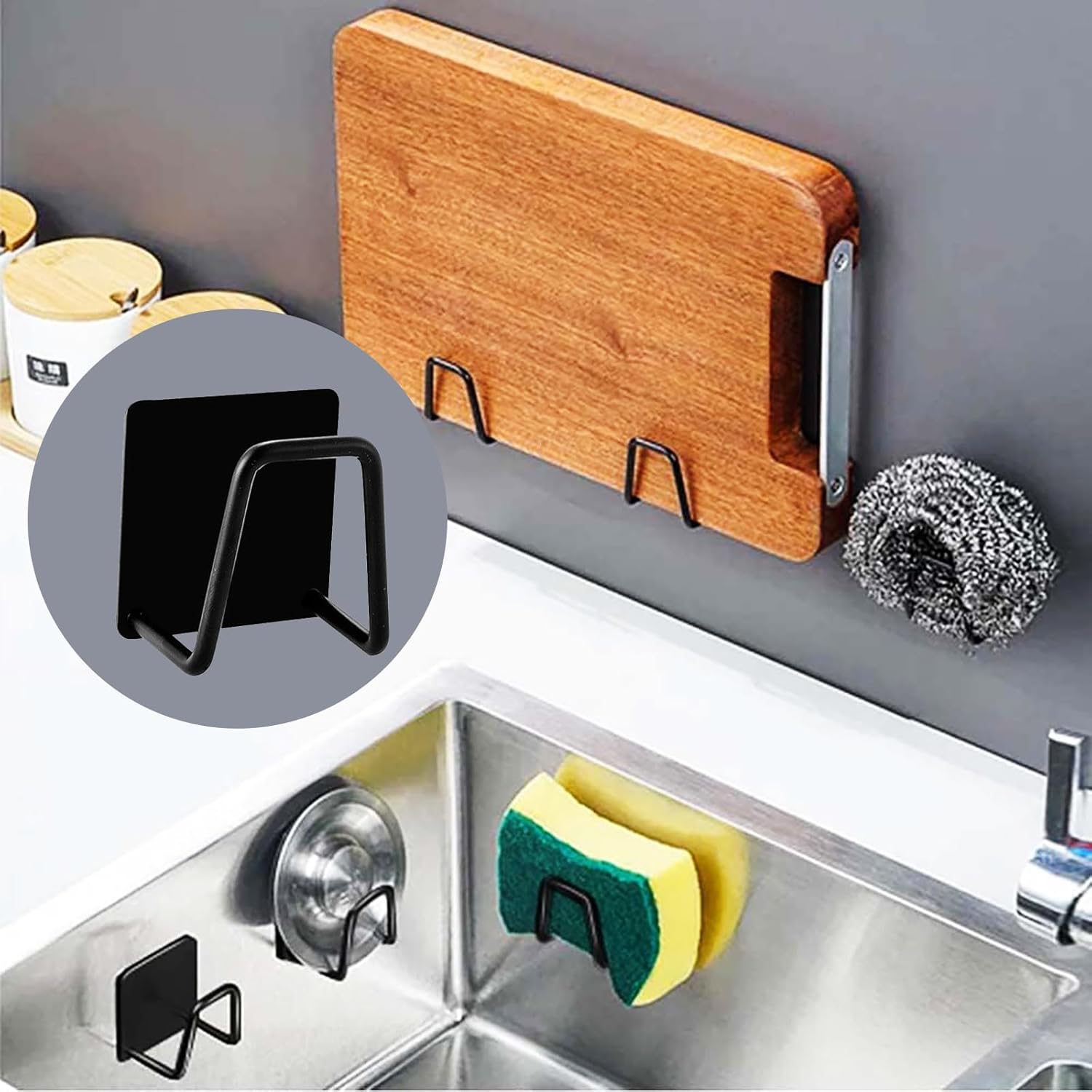 3PCS Stainless Steel Kitchen Sink Organizer Adhesive Sponge Holder No-Drill Wall Mounted Storage Hook for Dishcloth and Accessories