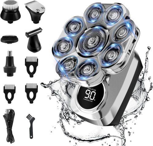 9D Head Shavers for Bald Men, Upgraded 6-in-1 Grooming Kit, Detachable Bald Head Shavers, Wet/Dry LED Display, Travel Lock Electric Razor with Type-C Charge