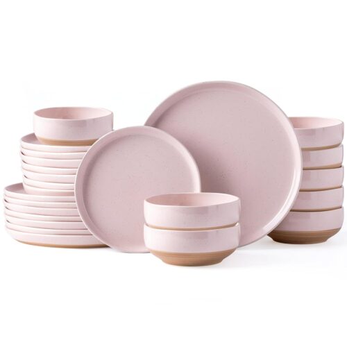 AmorArc Ceramic Dinnerware Sets for 8, 24 Pieces Handpainted Speckled Plates and Bowls Set with Rustic Terracotta Underside, Scratch Resistant Stoneware Dishes Set, Dishwasher &...