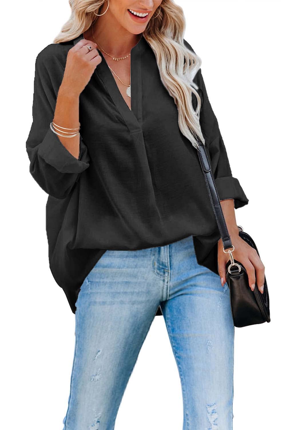 ANCAPELION Women’s Summer Chiffon Blouse Casual Short Sleeve V Neck Shirt Loose Printed Cuffed Sleeve Tunic Tops for Women