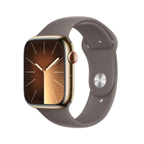 Apple Watch Series 9 [GPS + Cellular 45mm] Smartwatch with Gold Stainless Steel Case with Clay Sport Band S/M. Fitness Tracker, Blood Oxygen & ECG Apps, Always-On Retina Display