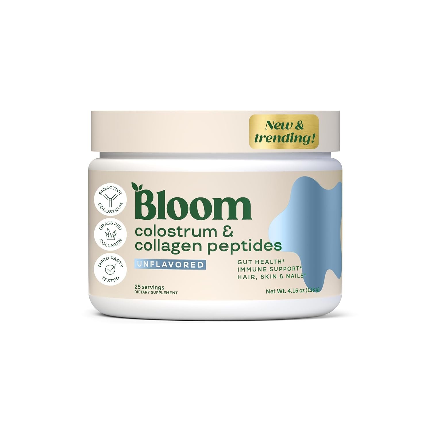 Bloom Nutrition Bovine Colostrum Powder for Gut Health, Immune Support, Hair Growth & Beauty Supplement, Gluten Free, Sugar Free | Unflavored, 25 Servings